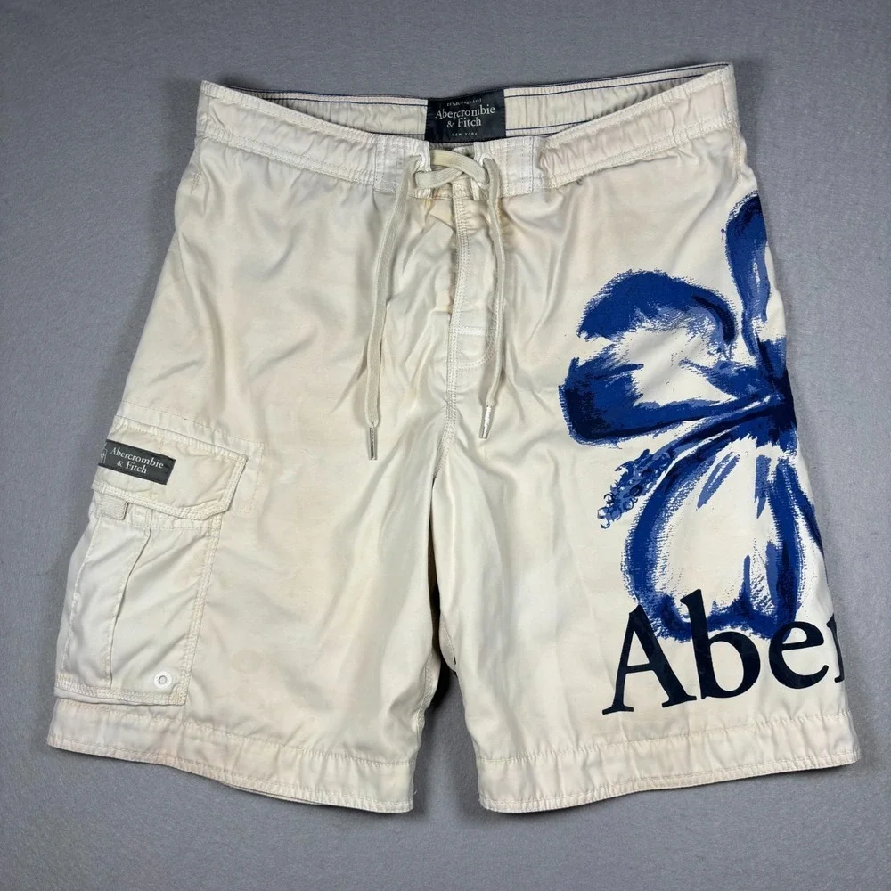 Vintage Abercrombie & Fitch Mens Swim Trunks Y2K XL Cream Surf Beach 2000s